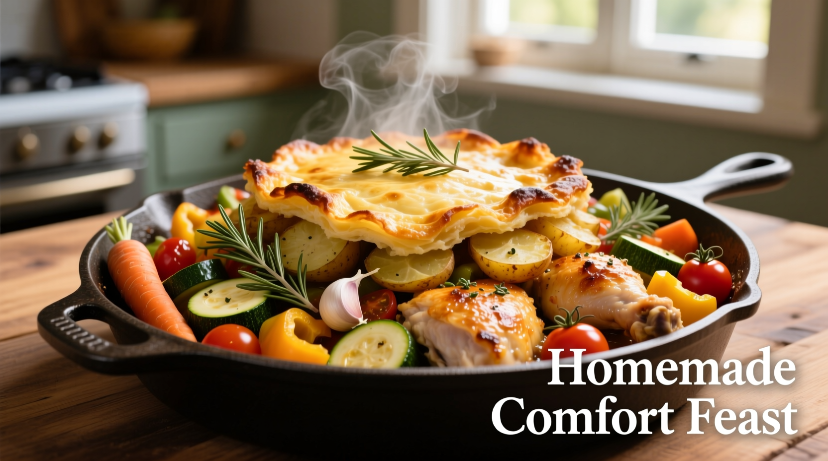 Golden potato bake with roasted chicken and vegetables