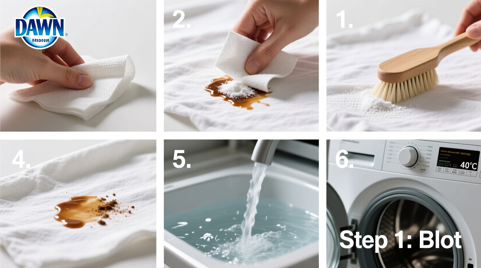 Step-by-step grease stain removal process on white fabric
