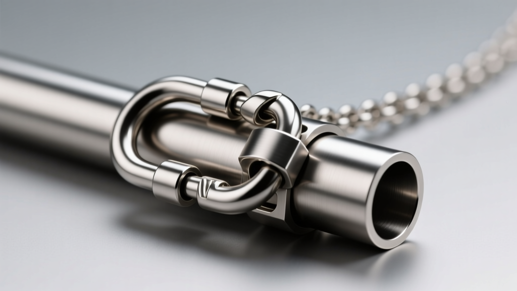 Close-up of a heavy lobster clasp on a thick titanium square tube necklace, showing the robust jump ring and laser-welded joint