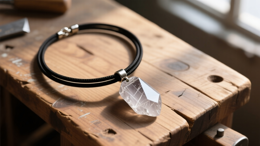 Overhead shot of a handmade adjustable black nylon cord necklace with a raw quartz pendant on a rustic wooden workbench.