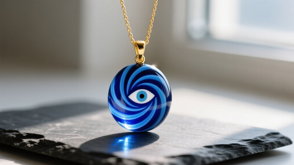 Close-up of a traditional Turkish Nazar boncugu glass pendant on a delicate 18k gold vermeil chain, resting on dark slate.