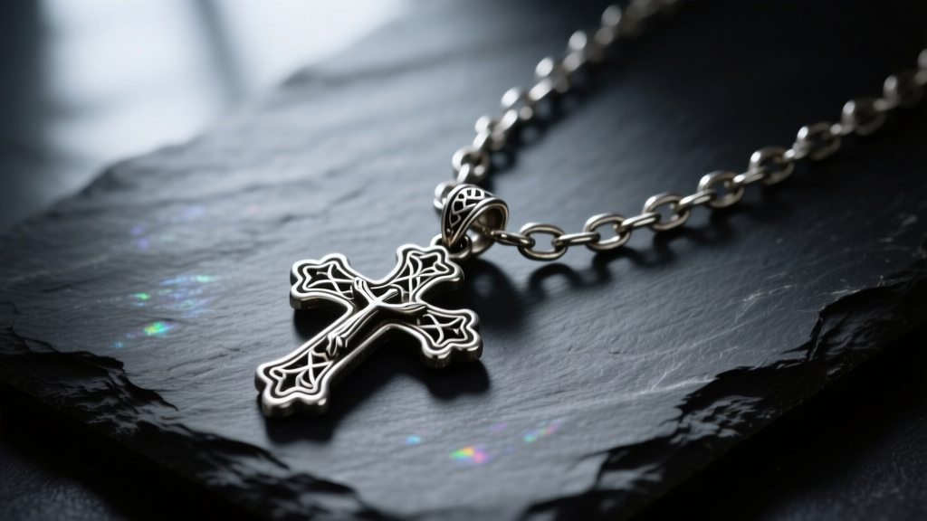 Macro shot of a tarnished sterling silver Byzantine chain and cross pendant resting on dark slate in soft, moody lighting