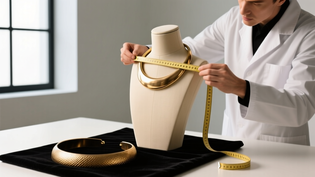 Jeweler using a flexible measuring tape around a mannequin neck to determine exact circumference for a rigid bronze torc necklace.