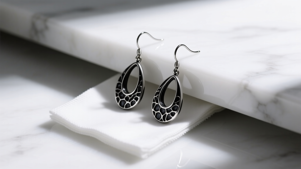 Overhead shot of oxidized black sterling silver drop earrings and a microfiber polishing cloth arranged on a white marble vanity