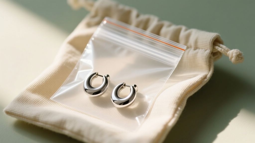 Silver-plated earrings in a zip bag with an anti-tarnish strip, resting in a linen pouch for gifting.