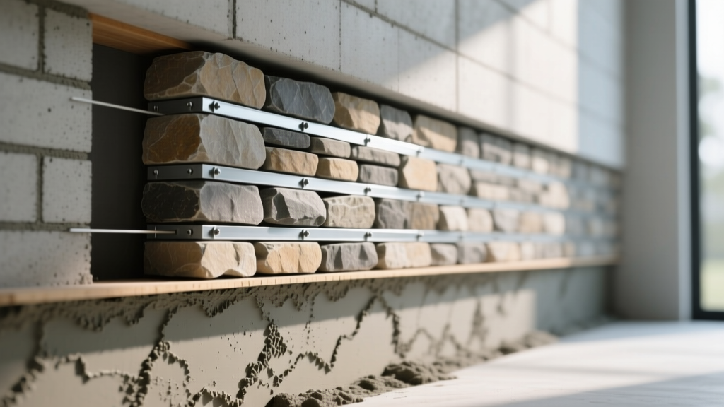 Architectural cross-section of real stacked stone veneer anchored to a concrete block wall with metal ties and scratch coat mortar