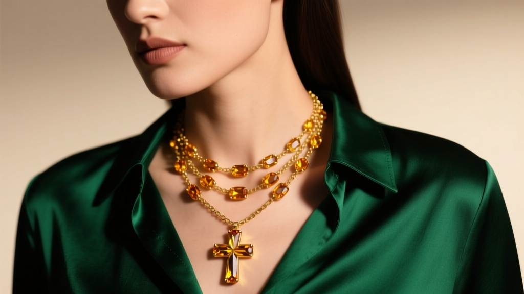 Editorial close-up of a model wearing a layered 14k gold citrine cross necklace over an emerald silk blouse, warm studio lighting