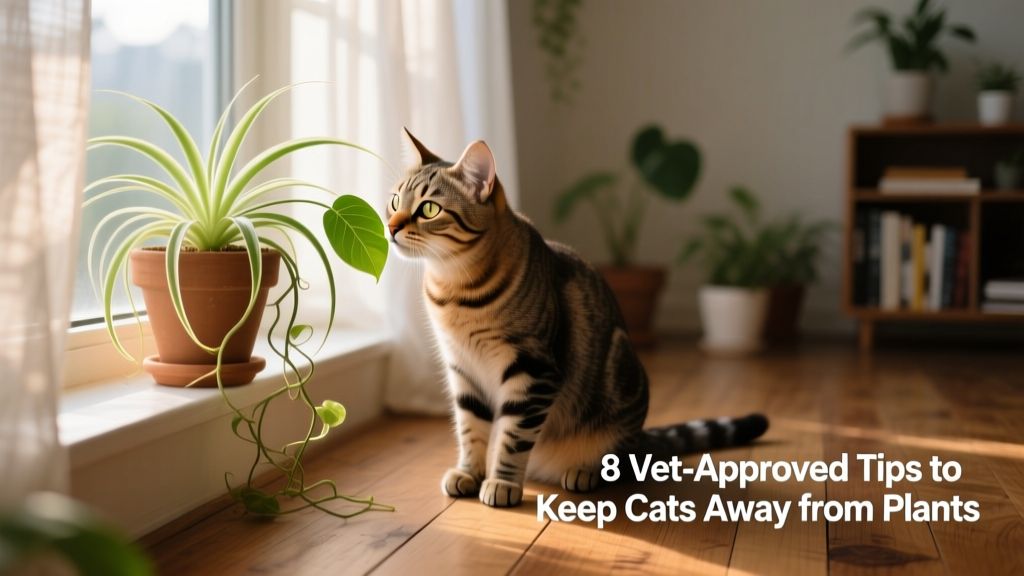 A curious cat gently sniffing a potted spider plant on a sunny windowsill