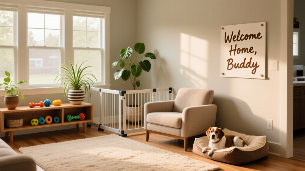 A tidy living room with baby gates, chew-proof toys, and safe plants — ready for a new dog