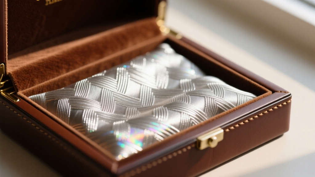 Macro shot of Pacific Silvercloth anti-tarnish fabric lining inside a custom leather jewelry presentation box for gifting.