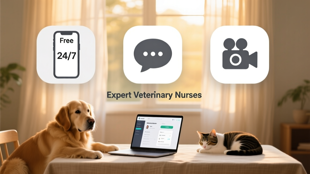 Side-by-side icons representing phone, chat bubble, and video camera, each labeled 'Free', '24/7', and 'Expert Veterinary Nurses'