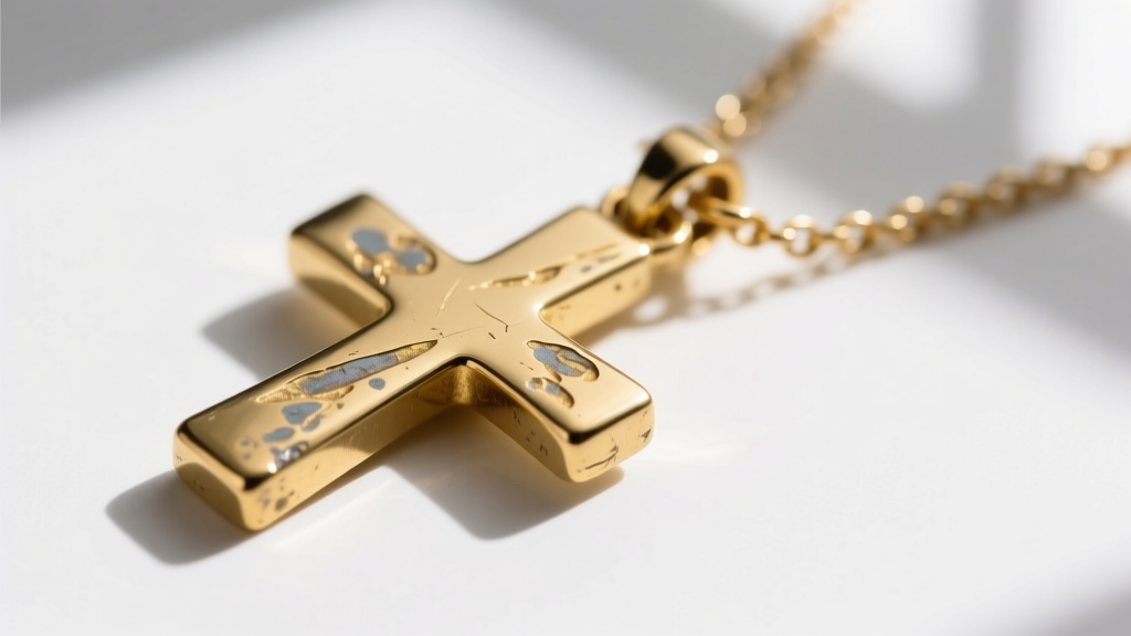 Macro photography of a gold vermeil cross necklace clasp showing slight tarnishing and wear on the brass base metal underneath.