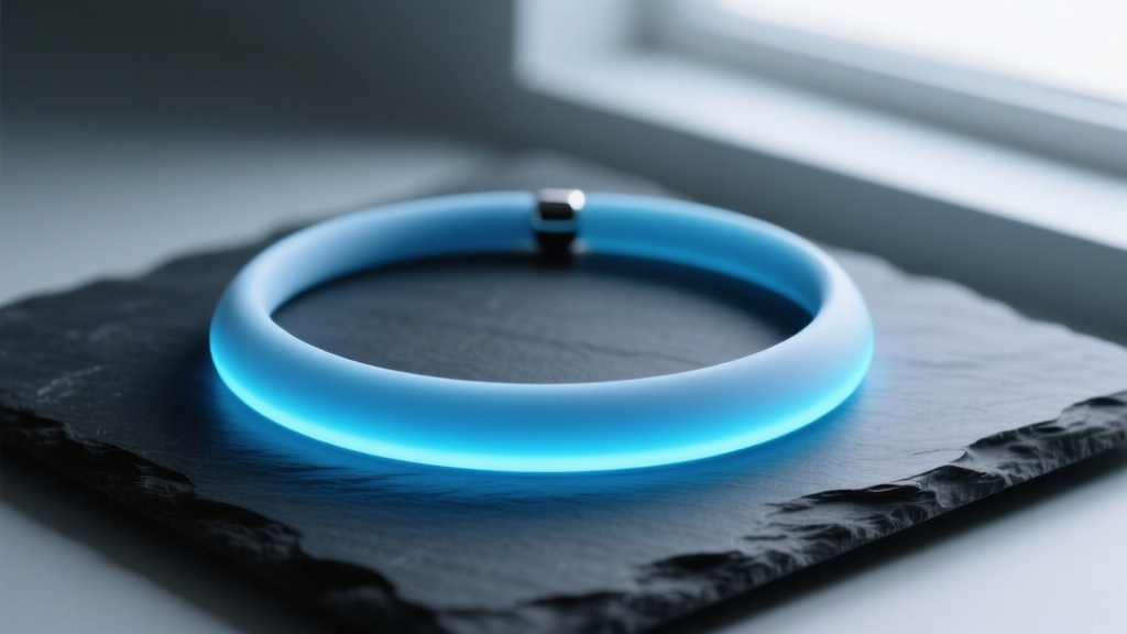 Close-up of a sleek medical-grade silicone glowing necklace emitting soft neon blue light, resting on a dark matte slate surface.
