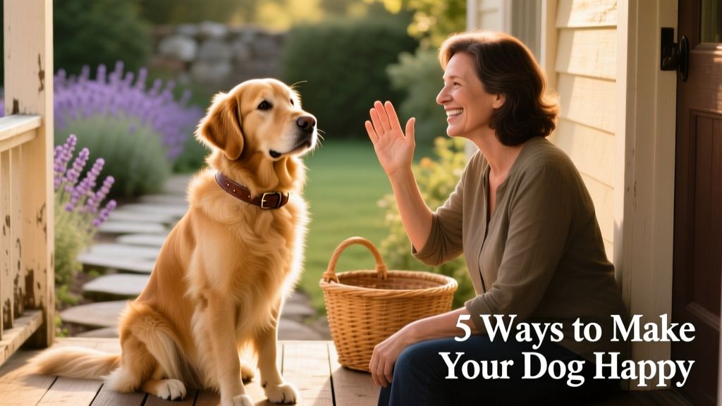 A golden retriever sitting attentively beside its owner, who is smiling and offering verbal praise