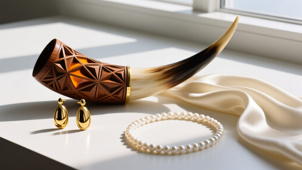 Flat lay of oversized Robert Lee Morris carved horn and gold-plated drop earrings resting beside a silk scarf and pearl necklace.