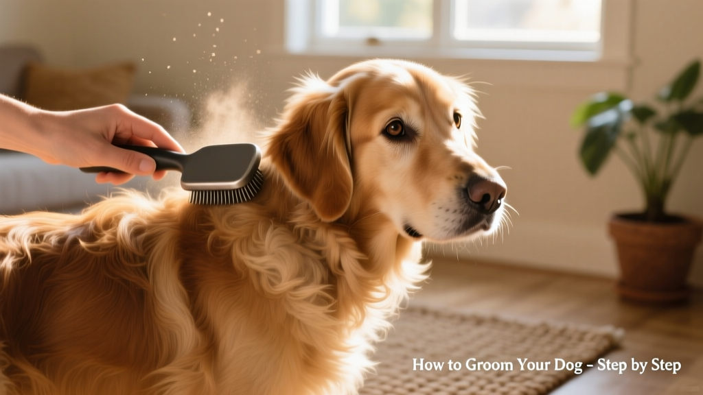 A person gently brushing a medium-coated dog with a slicker brush, focusing on the shoulder and back area