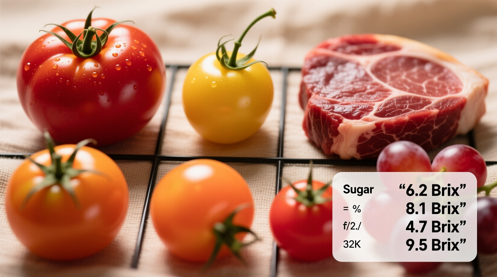 Close-up of different tomato varieties showing sugar content variation