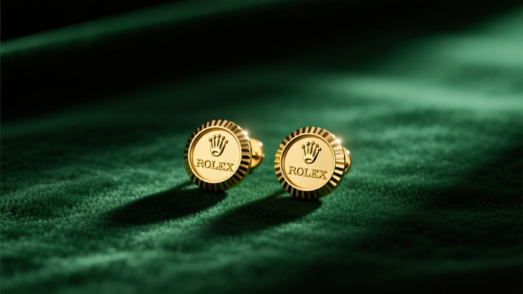 Elegant flat lay of vintage 18k yellow gold Rolex stud earrings on dark green velvet, illuminated by soft warm studio lighting