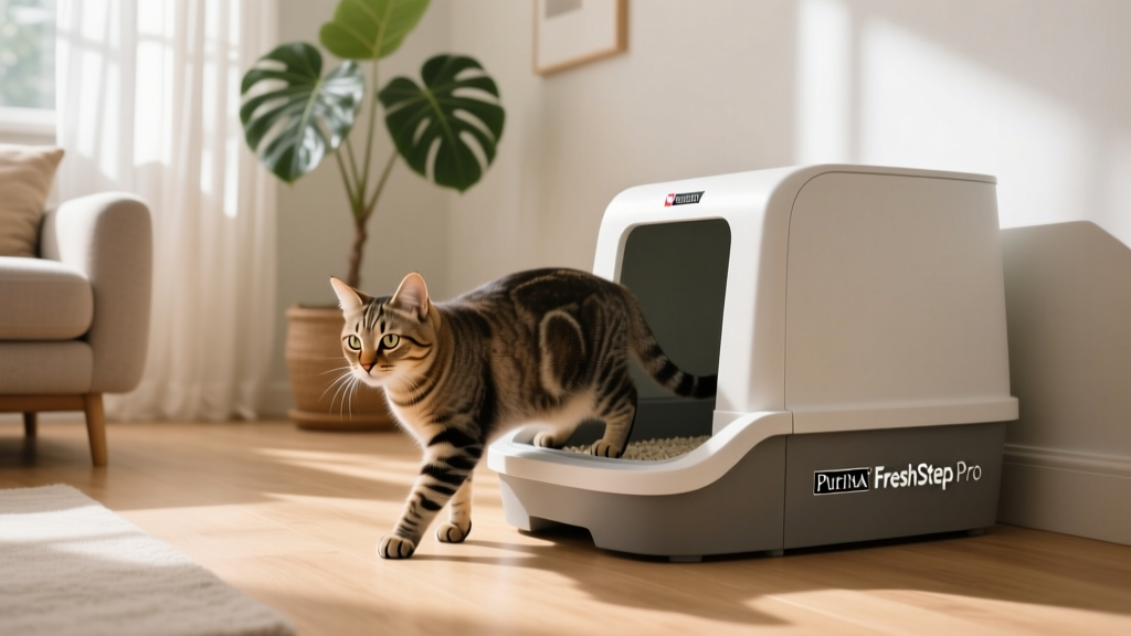 A calm cat using a clean, spacious litter box in a well-lit room