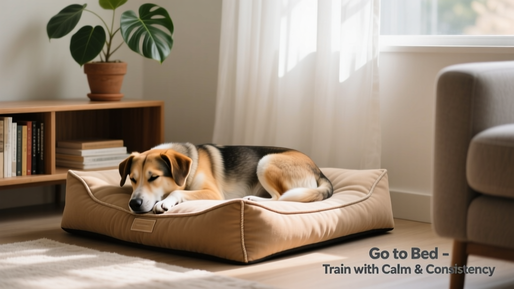 A calm dog resting peacefully on a cozy, well-placed dog bed in a quiet corner of a living room