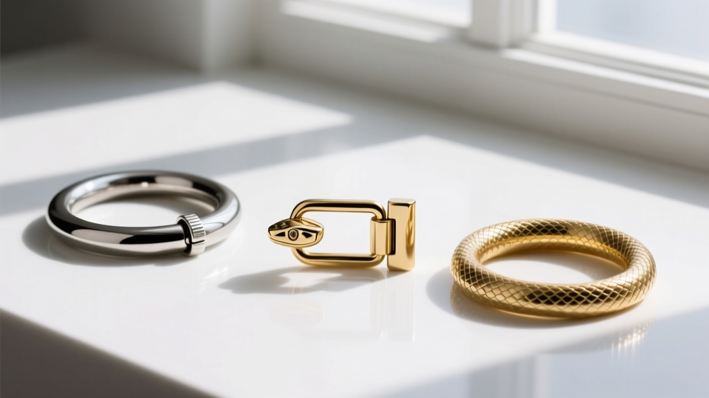 Flat lay comparing three snake hoop clasps: a basic friction post, a hinged clicker, and a seamless continuous solid gold hoop.