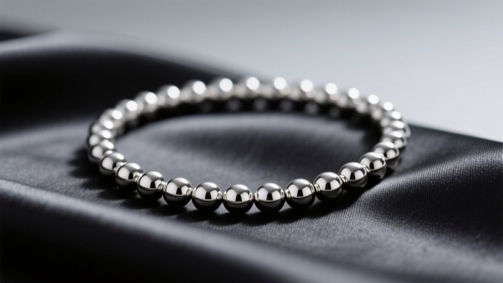 Close-up of a 2.5mm sterling silver ball chain necklace on dark charcoal silk, soft studio lighting highlighting metallic spheres.