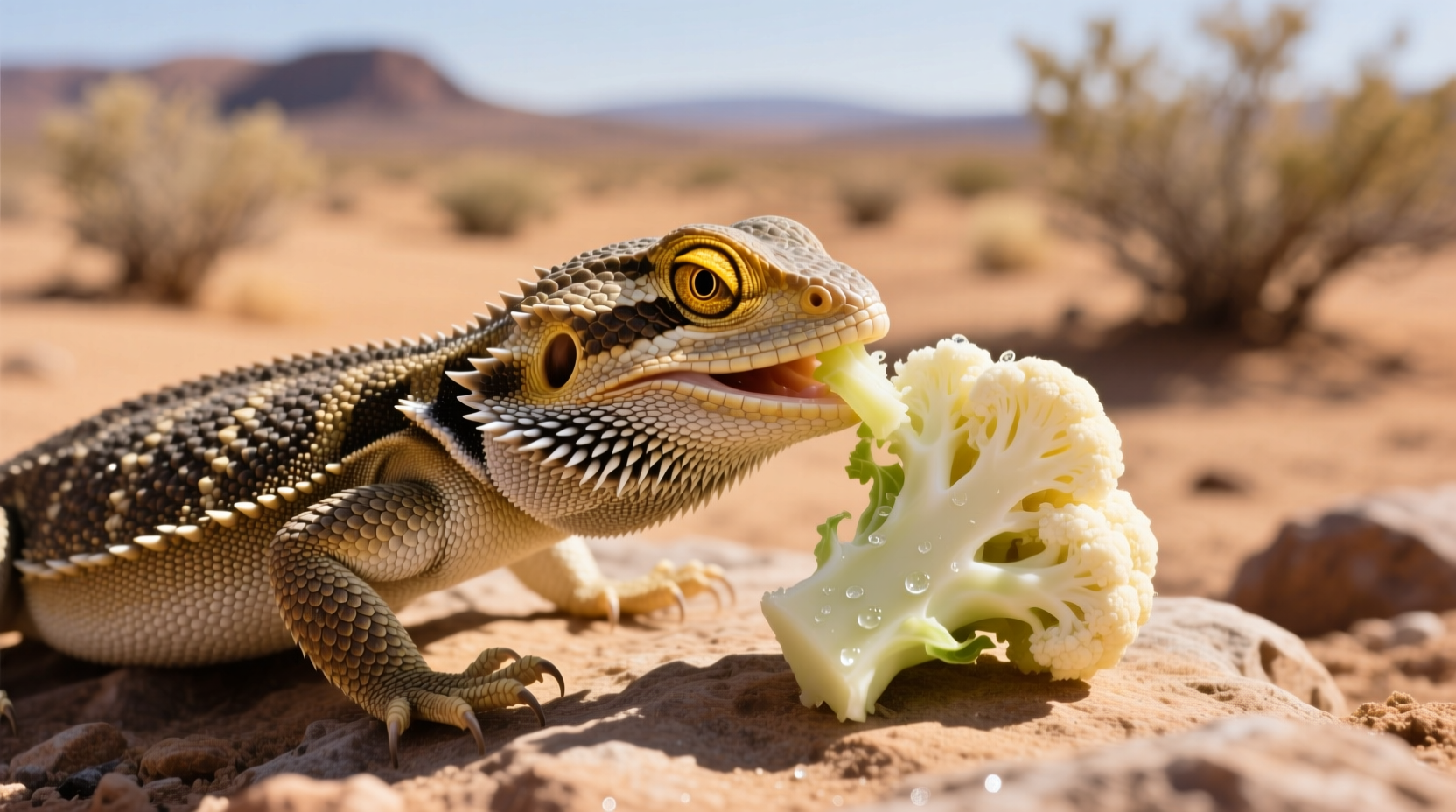 Bearded dragon carefully eating small piece of cauliflower