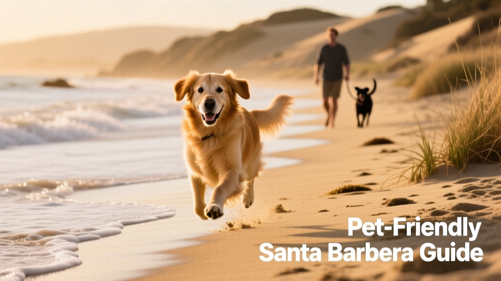 A joyful dog running along a sandy shoreline at Arroyo Burro Beach, Santa Barbara