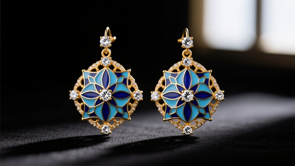 Close-up of 1890s Austro Hungarian earrings with blue guilloche enamel and rose-cut diamonds set in 14k gold against dark velvet