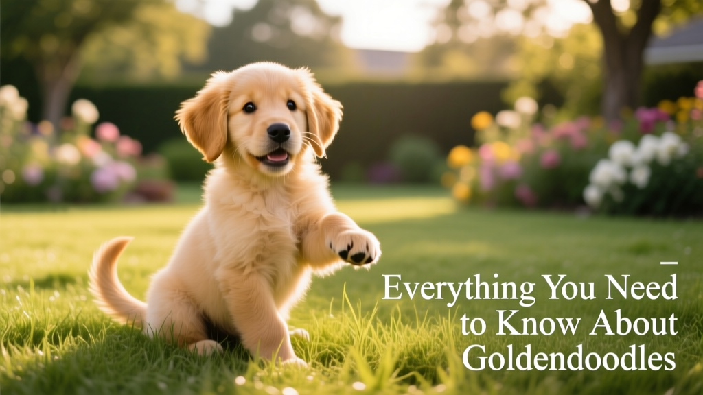 A smiling Goldendoodle puppy sitting on a sunlit grassy lawn, ears perked and tail wagging