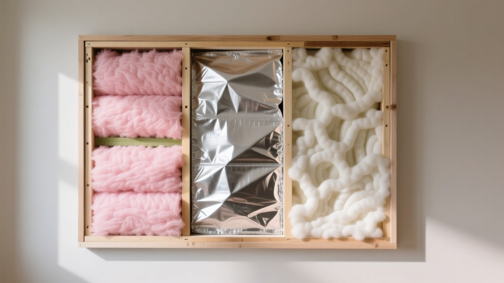 Cross-section of a framed wall showing pink fiberglass batts, rigid polyiso foam boards with foil facers, and closed-cell spray foam applied by a contractor