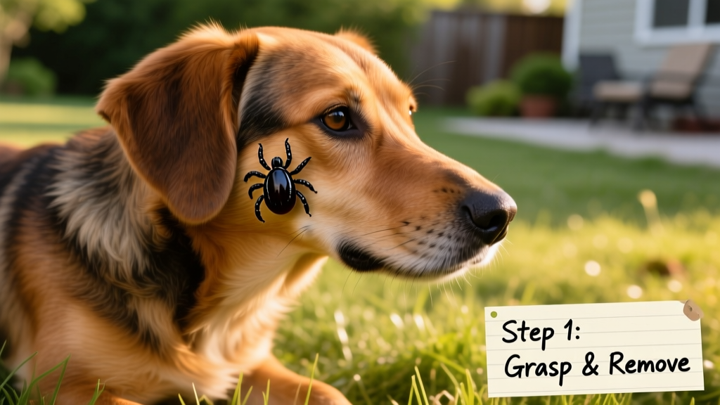 Close-up of a tick embedded in a dog's fur, showing its eight legs and body shape