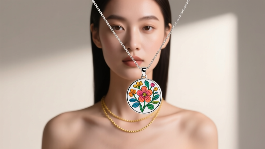 Woman wearing a 25mm custom coloring page pendant on a 1.5mm silver box chain, layered with a delicate 1mm gold satellite chain.