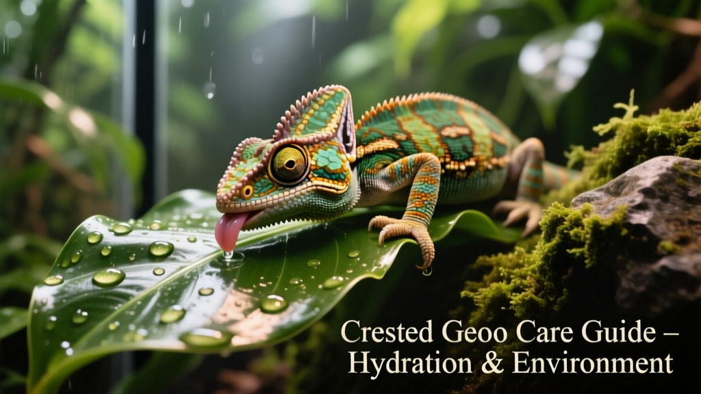 Close-up of a crested gecko licking water droplets off a broad, glossy leaf in a humid terrarium
