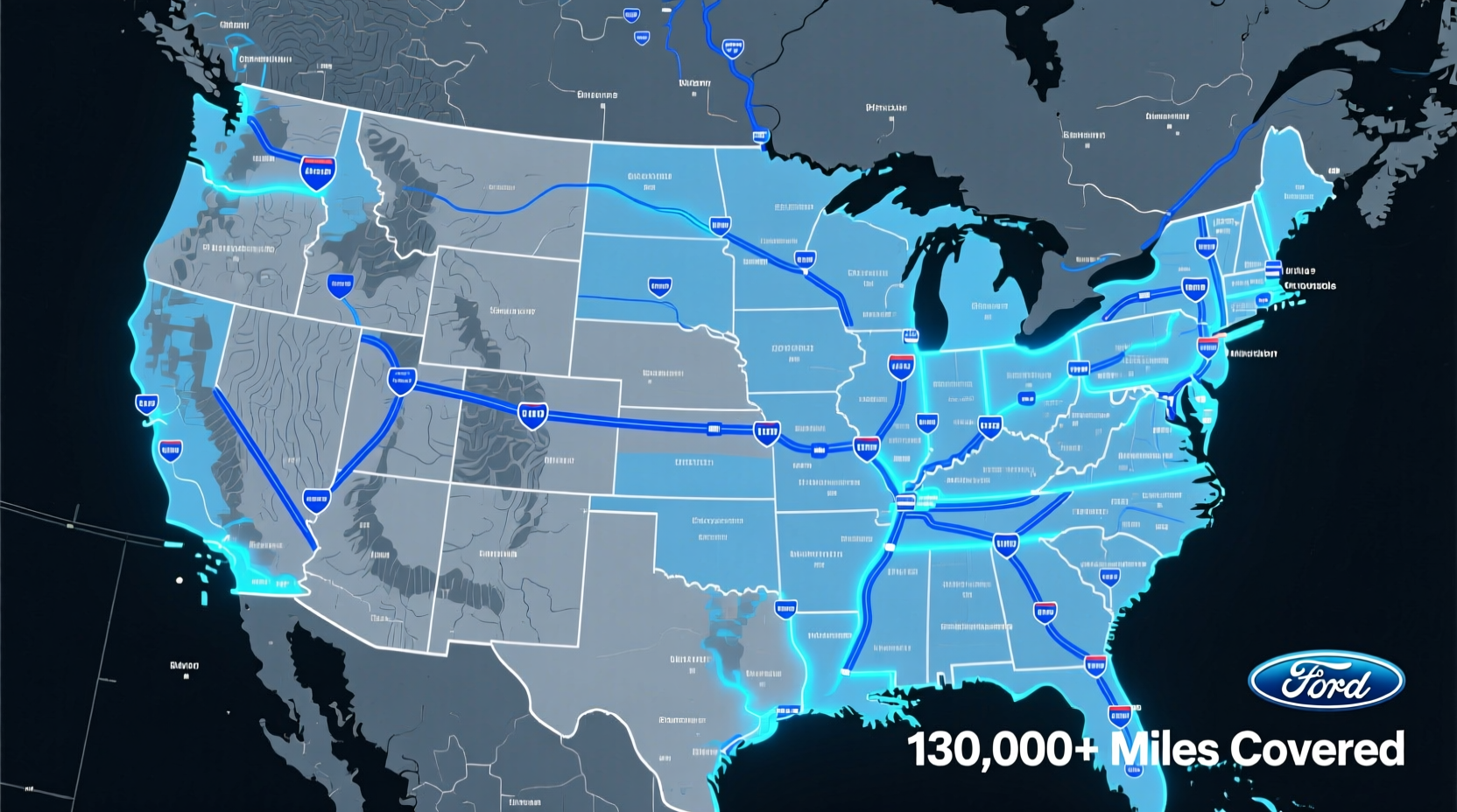 A digital map showing the extensive network of highways covered by Ford BlueCruise, with over 130,000 miles of mapped routes in North America.