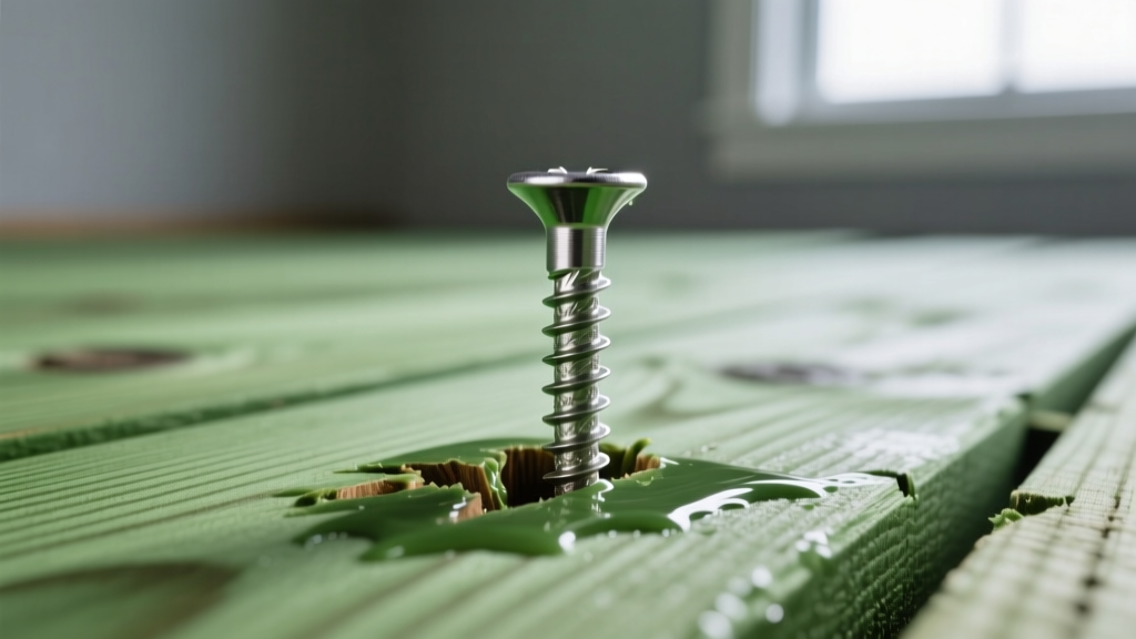 Close-up of stainless steel and ceramic-coated wood screws being driven into wet, green pressure-treated pine deck boards