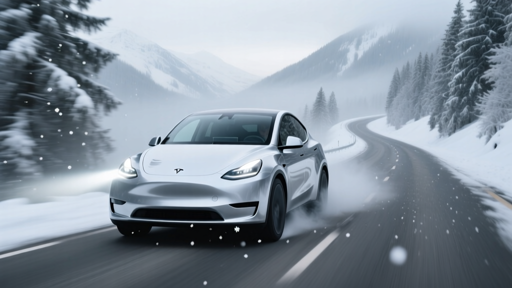 A silver Tesla Model Y driving through a snowy mountain pass with its LED headlights illuminated in winter conditions