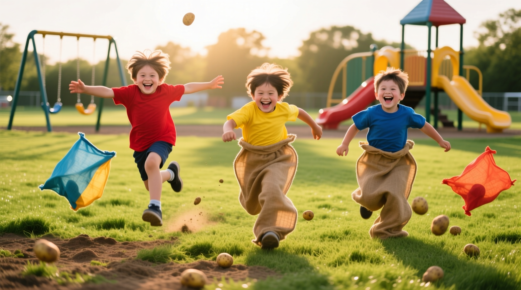 Children participating in a potato sack race on grass