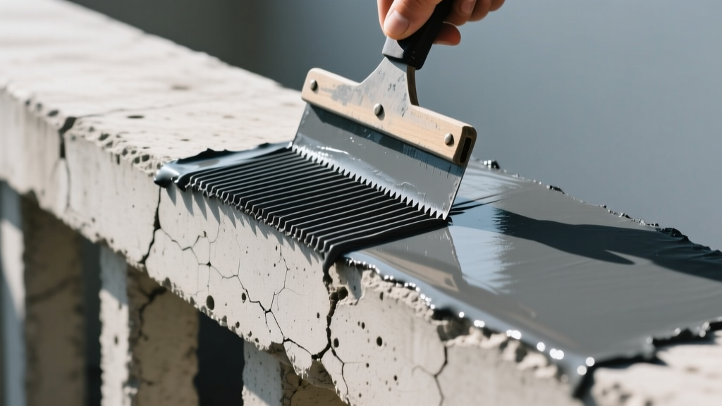 Close-up of a textured concrete balcony surface being coated with a thick, dark grey polyurethane waterproof membrane using a notched squeegee