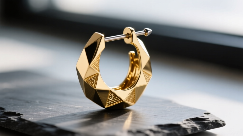 Macro shot of a 14-gauge titanium post on a hollow electroformed gold geometric statement earring resting on dark slate