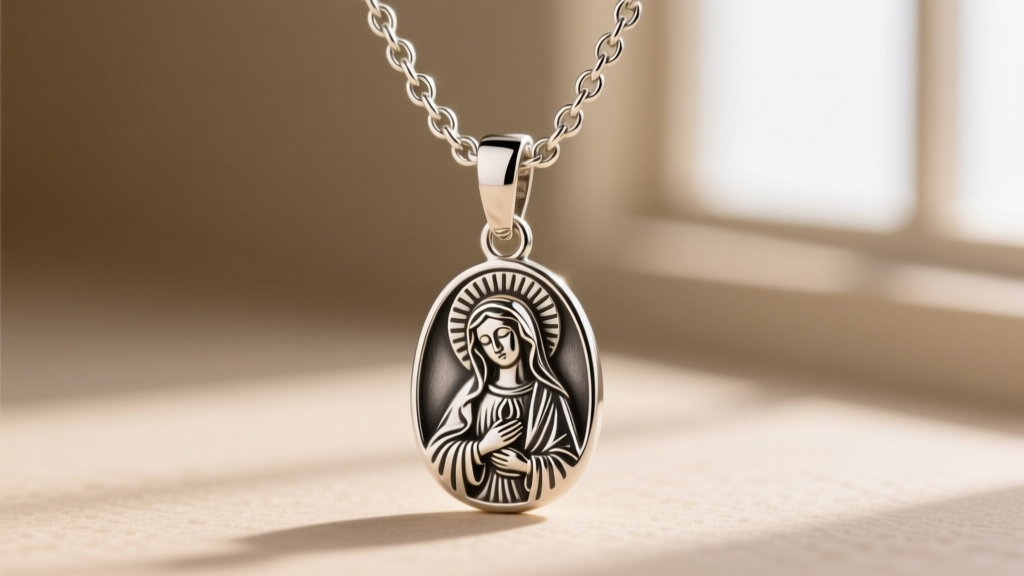 Macro photography of 925 sterling silver rolo chain connecting to cast Mary Magdalene icon pendant, highlighting lobster clasp.