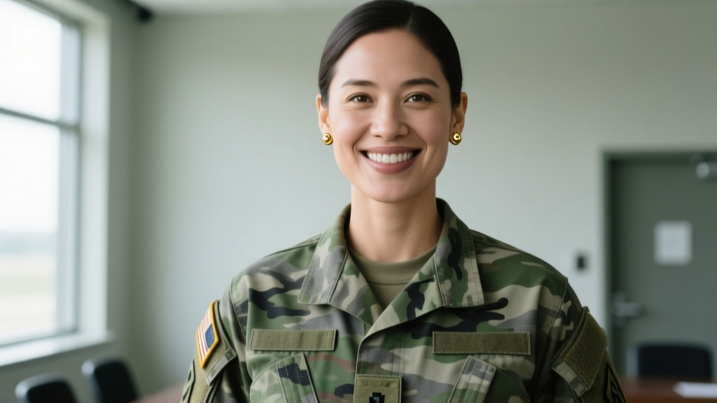Female soldier in OCP uniform smiling, wearing subtle 5mm gold stud earrings centered on earlobes in soft lighting