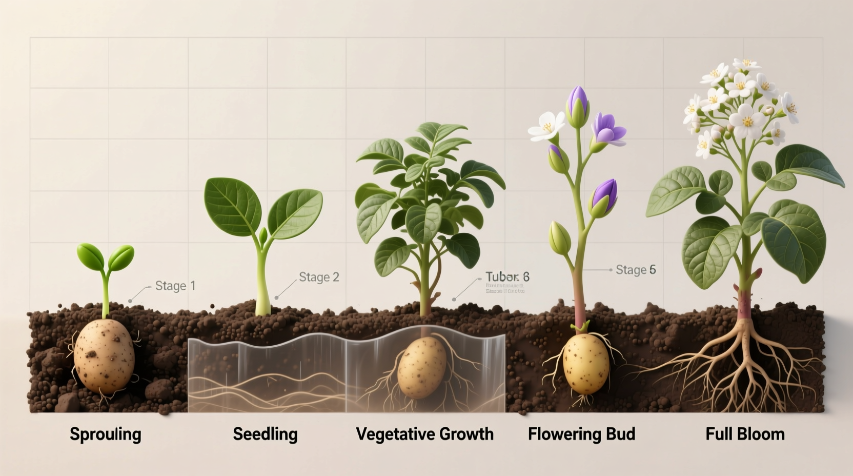 Potato plant growth stages from sprouting to flowering