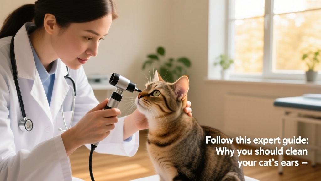 Veterinarian gently examining a cat's ear with an otoscope during a wellness check