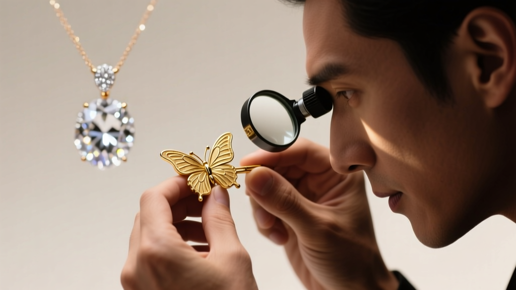 Jeweler examining the 18k gold hallmark on a Messika butterfly necklace clasp with a loupe, blurred diamond pendant behind it.