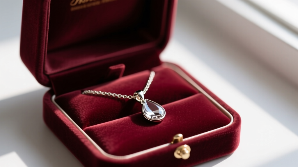 Velvet-lined jewelry box showing a teardrop pendant laid flat with the chain threaded through the bail to prevent tangling.