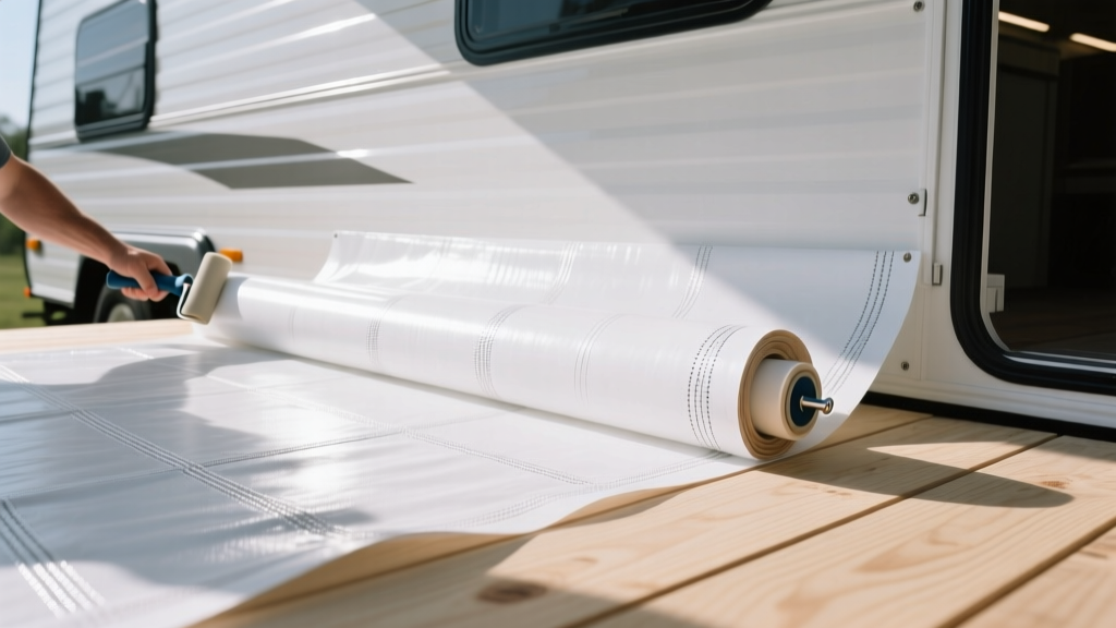 Close-up of a white TPO camper roof membrane being rolled out and adhered to the plywood decking of a travel trailer RV