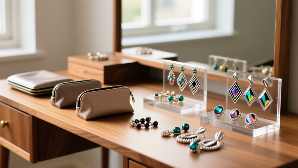 Anti-tarnish pouches and acrylic organizers holding beaded and metallic statement pieces earrings on a wooden vanity table.