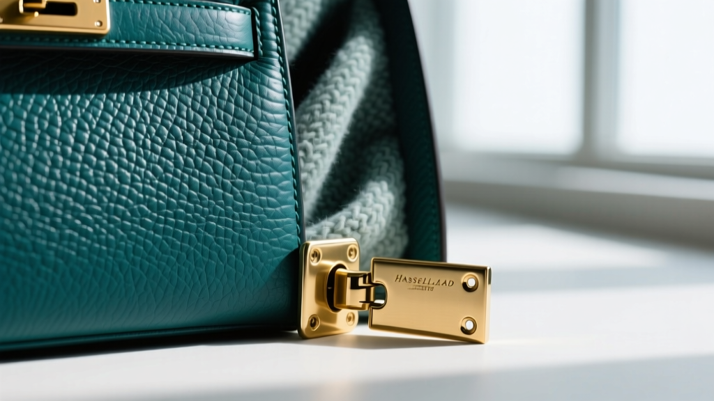 Macro shot of rich teal saffiano leather texture next to an anti-tarnish flannel interior lining and a solid brass hinge mechanism.