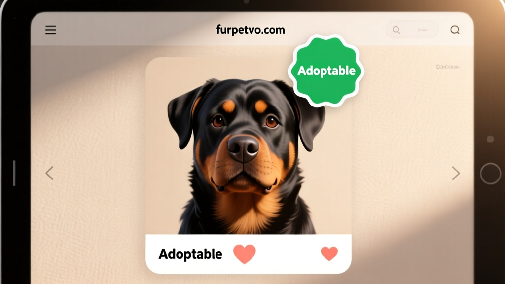 Screenshot-style graphic showing a friendly Rottweiler profile page on furpetvo.com, with 'Adoptable' badge and heart icon